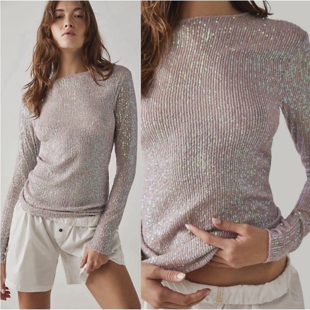 NWOT Free People Gold Rush Long Sleeve in Champagne Float Size SMALL Sequin Glam